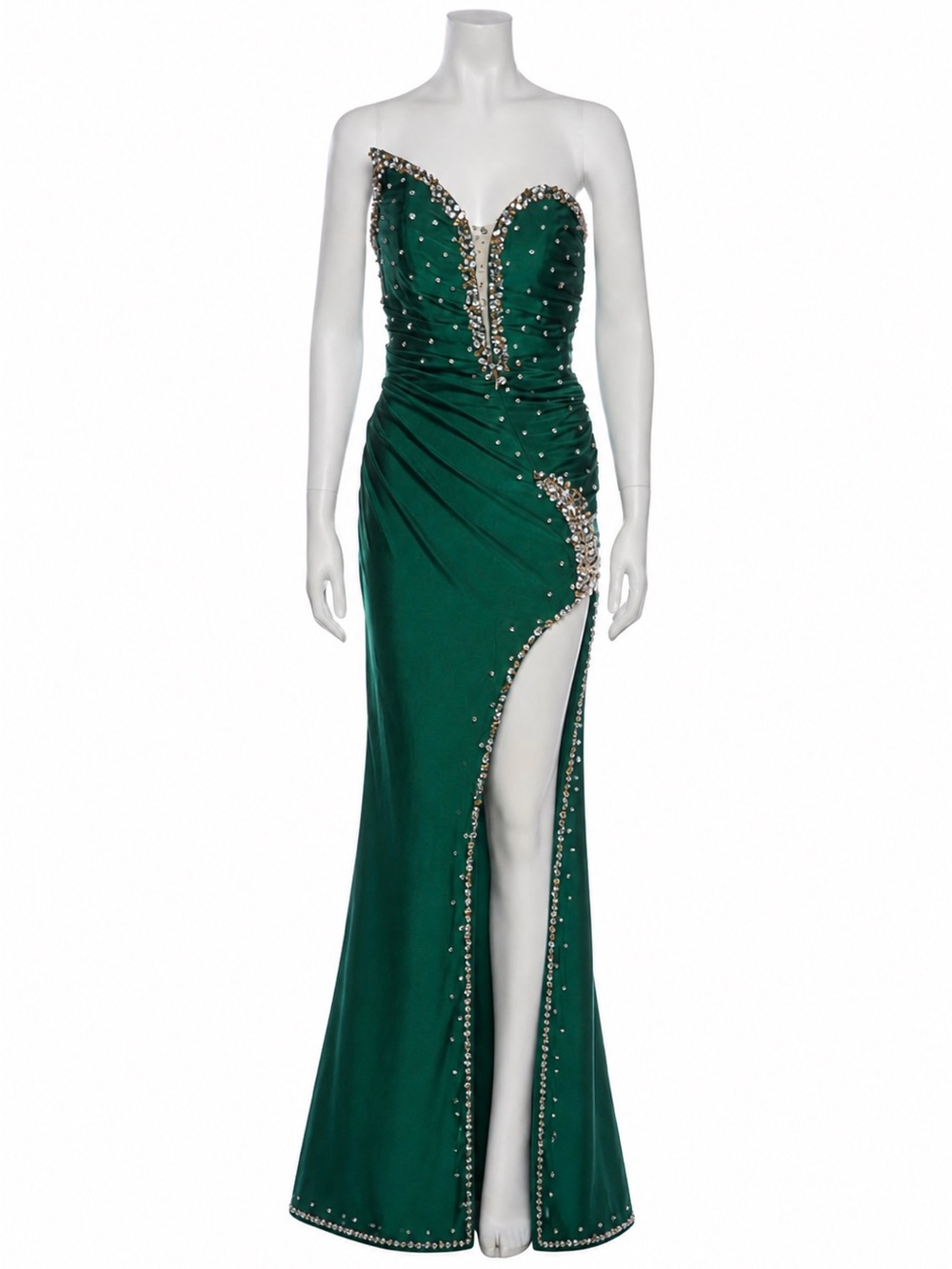 Portia & Scarlett Strapless Emerald Green Evening Gown with Crystal Trim